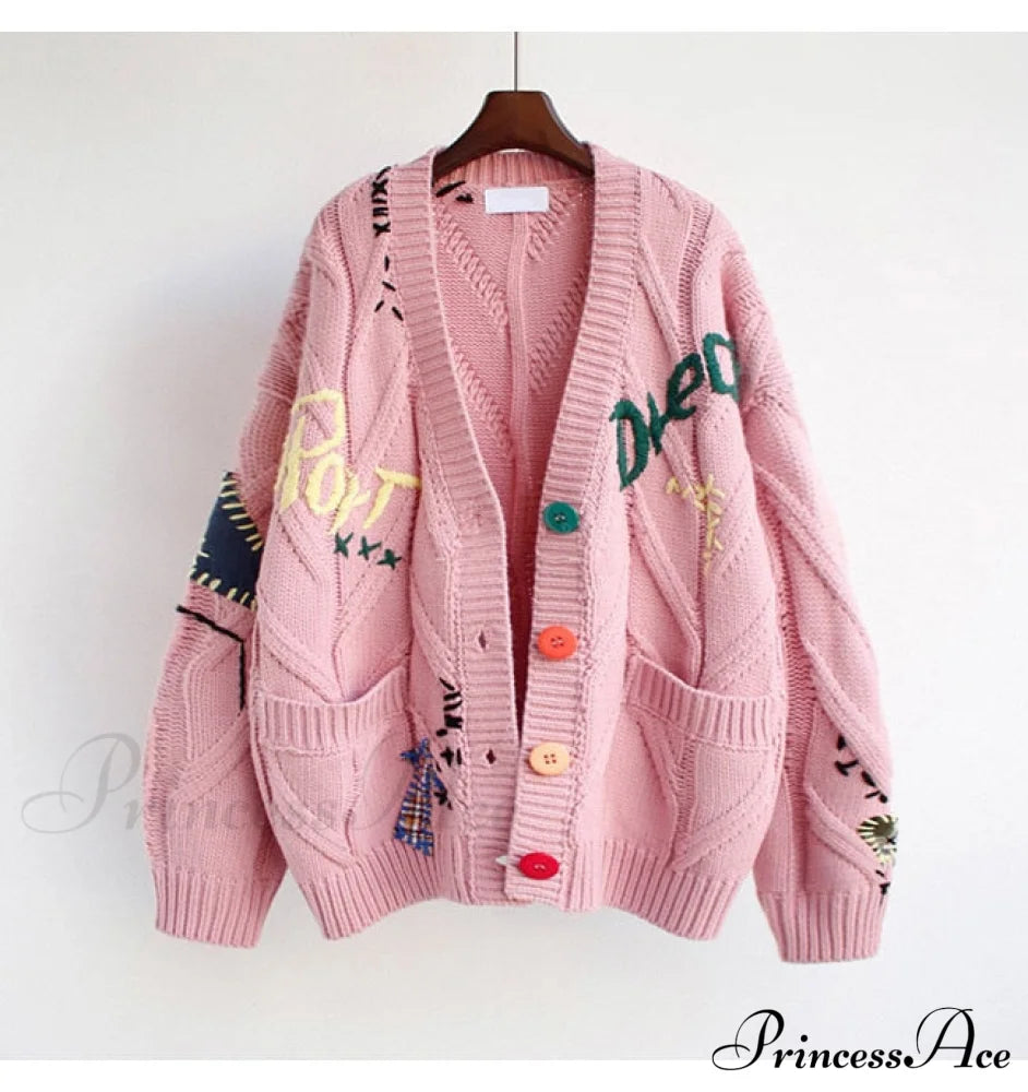 Jacket Loose Pocket Embroidery Knit Cardigan