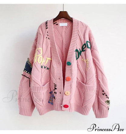 Jacket Loose Pocket Embroidery Knit Cardigan