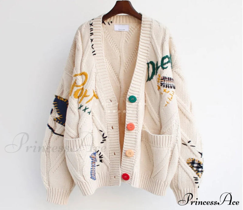 Jacket Loose Pocket Embroidery Knit Cardigan