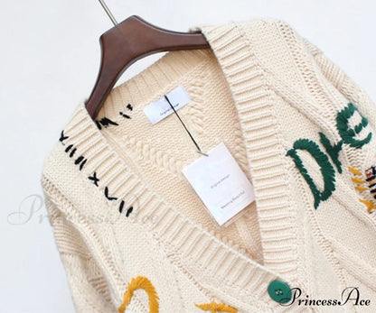 Jacket Loose Pocket Embroidery Knit Cardigan