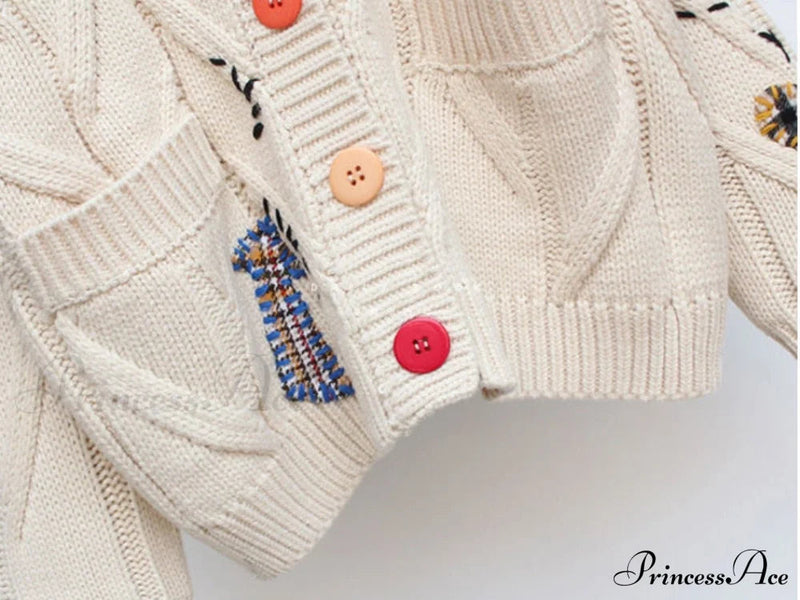 Jacket Loose Pocket Embroidery Knit Cardigan