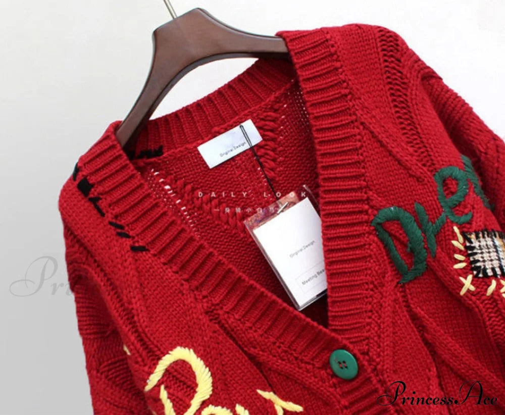 Jacket Loose Pocket Embroidery Knit Cardigan