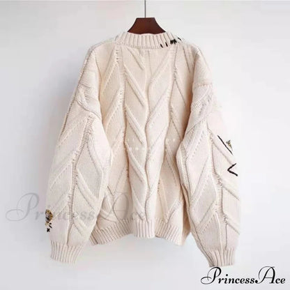 Jacket Loose Pocket Embroidery Knit Cardigan