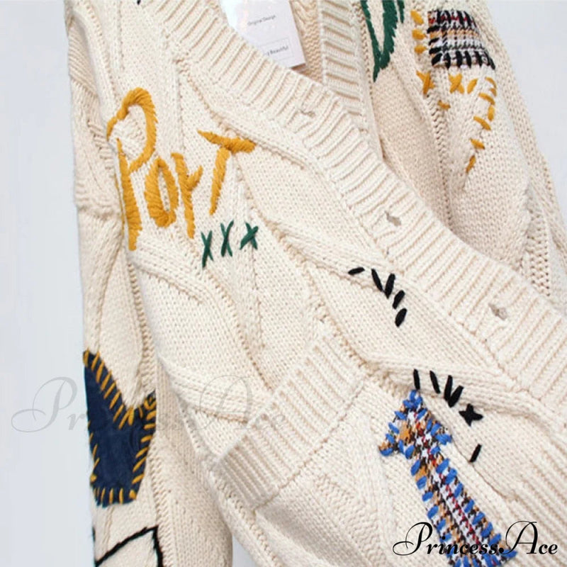 Jacket Loose Pocket Embroidery Knit Cardigan