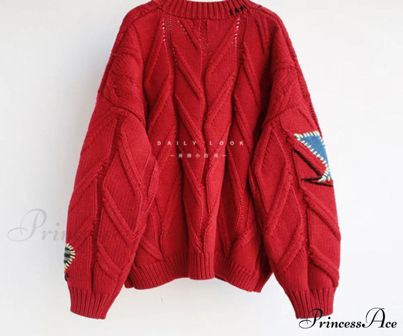 Jacket Loose Pocket Embroidery Knit Cardigan