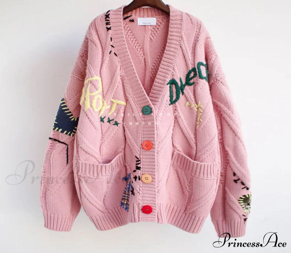 Jacket Loose Pocket Embroidery Knit Cardigan