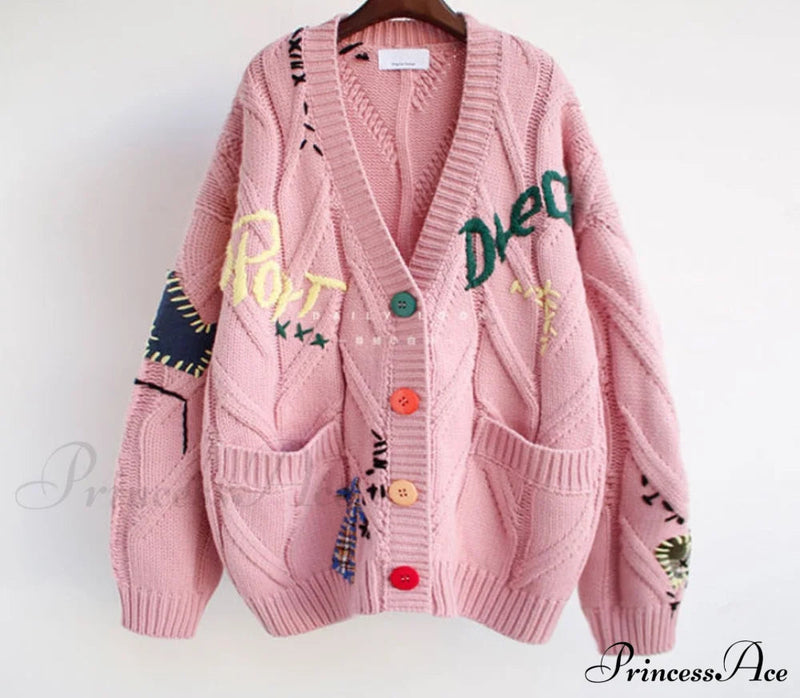 Jacket Loose Pocket Embroidery Knit Cardigan