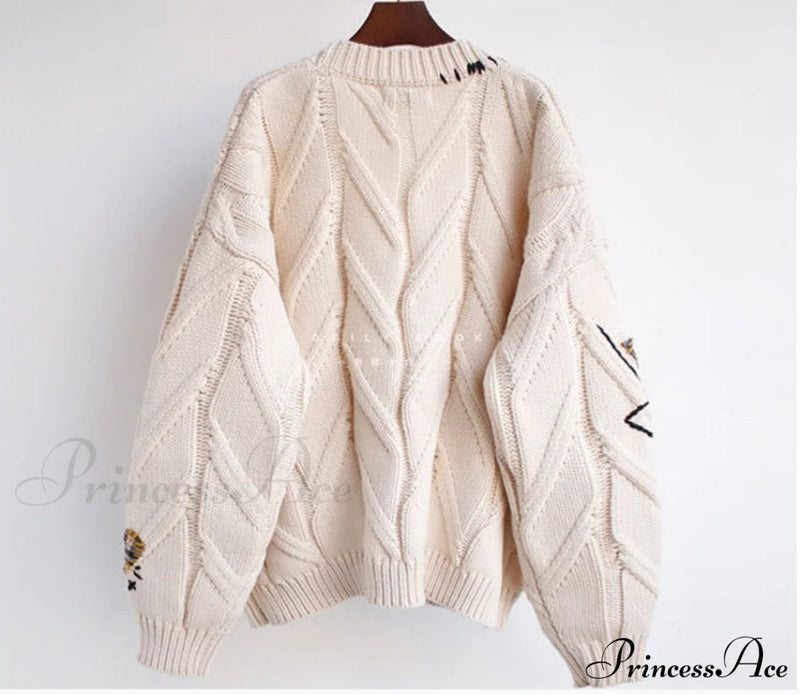 Jacket Loose Pocket Embroidery Knit Cardigan
