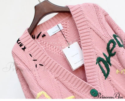Jacket Loose Pocket Embroidery Knit Cardigan