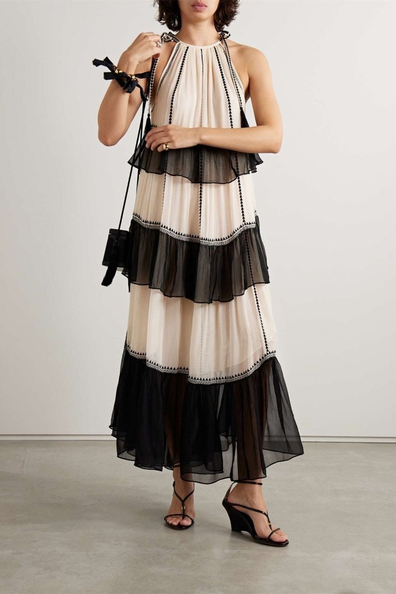 Jean Halterneck Tiered Maxi Dress