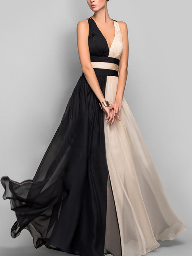 Slim and Contrast Color Sleeveless Long Dress