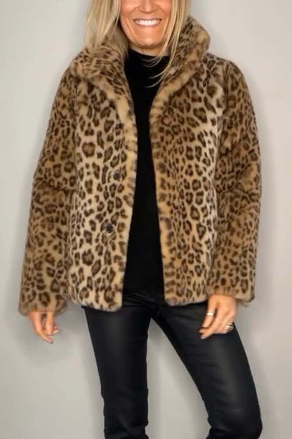 Fashionable Leopard Lapel Faux Fur Winter Coat