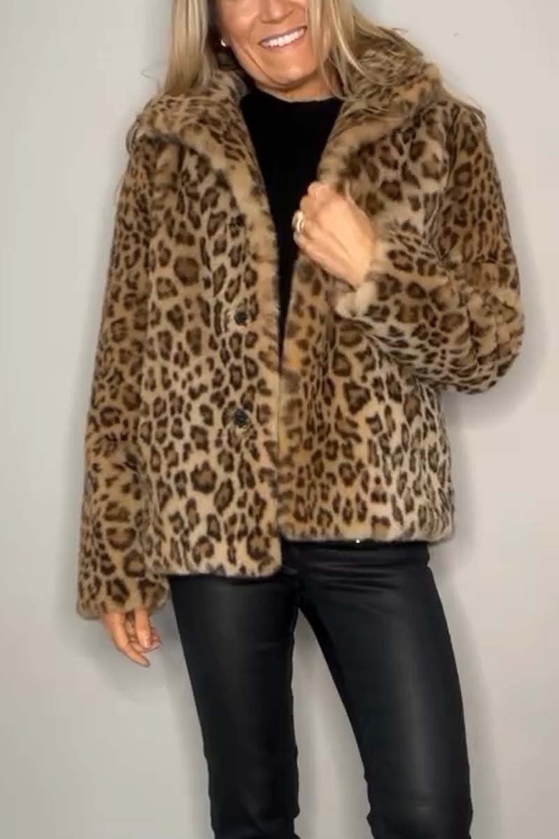 Fashionable Leopard Lapel Faux Fur Winter Coat