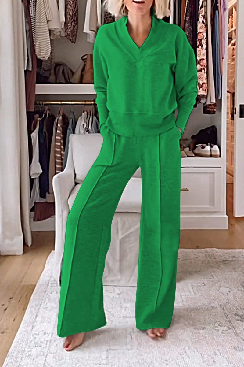 Color V-neck Top & Pants Two-piece Set