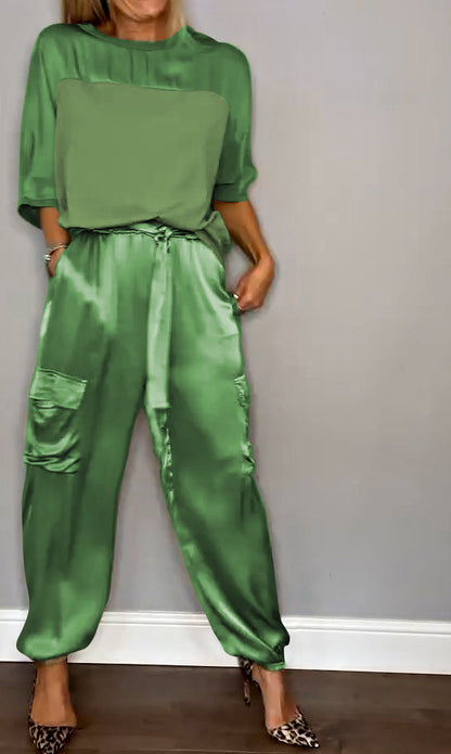 Smooth Satin Half-sleeved Top and Pant Suit Two-piece