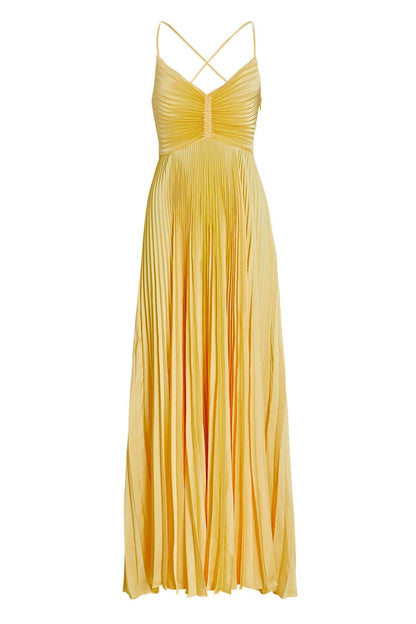 V-neck Pleated Lace Up Cami Maxi Dress