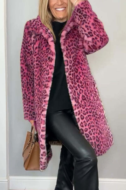 Fashionable Leopard Lapel Faux Fur Winter Mid-length Coat