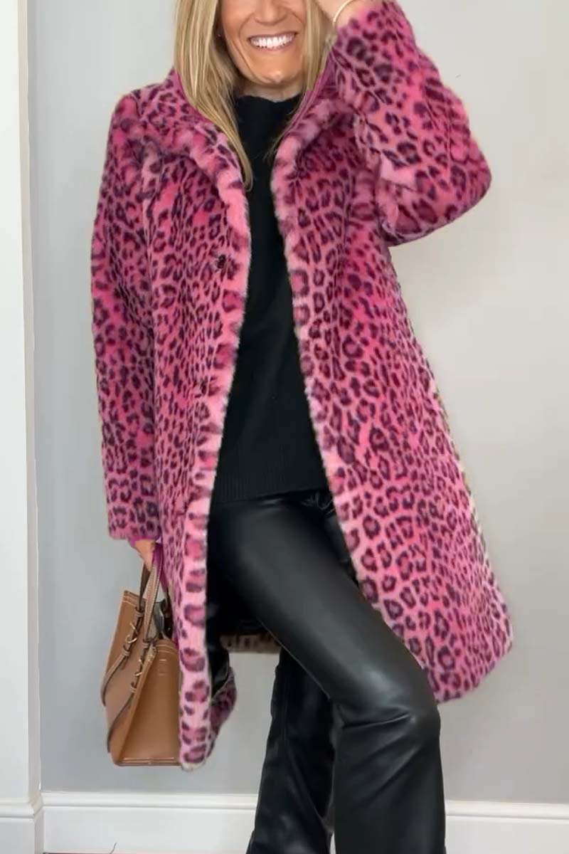 Fashionable Leopard Lapel Faux Fur Winter Mid-length Coat