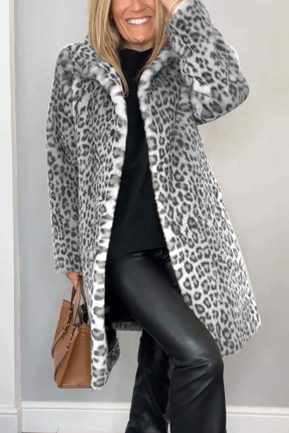 Fashionable Leopard Lapel Faux Fur Winter Mid-length Coat