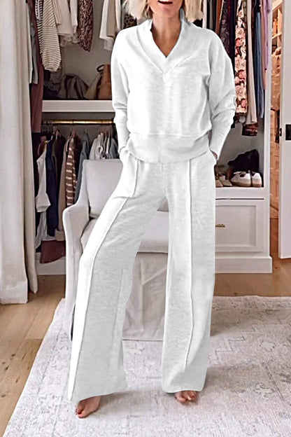 Color V-neck Top & Pants Two-piece Set