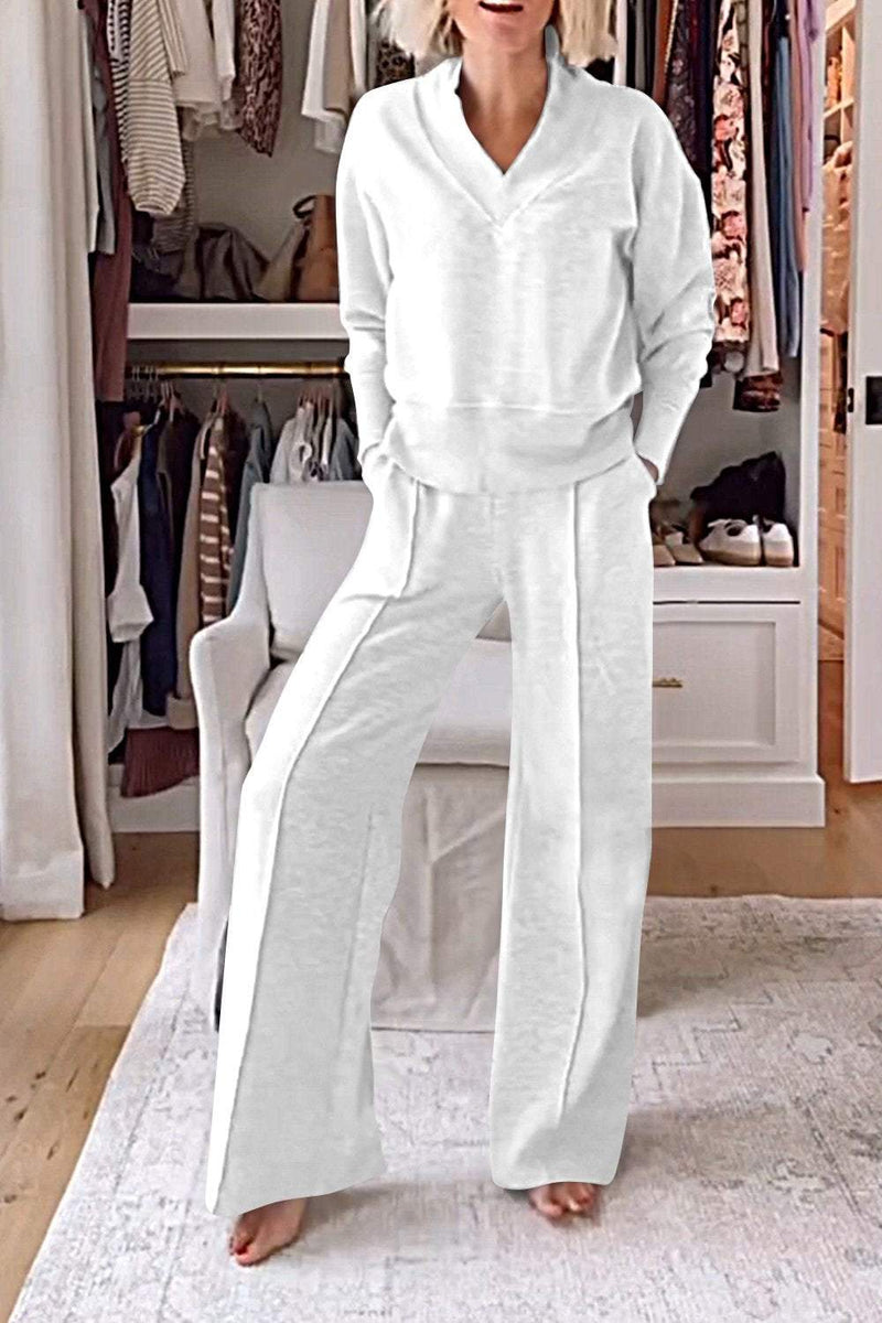 Color V-neck Top & Pants Two-piece Set