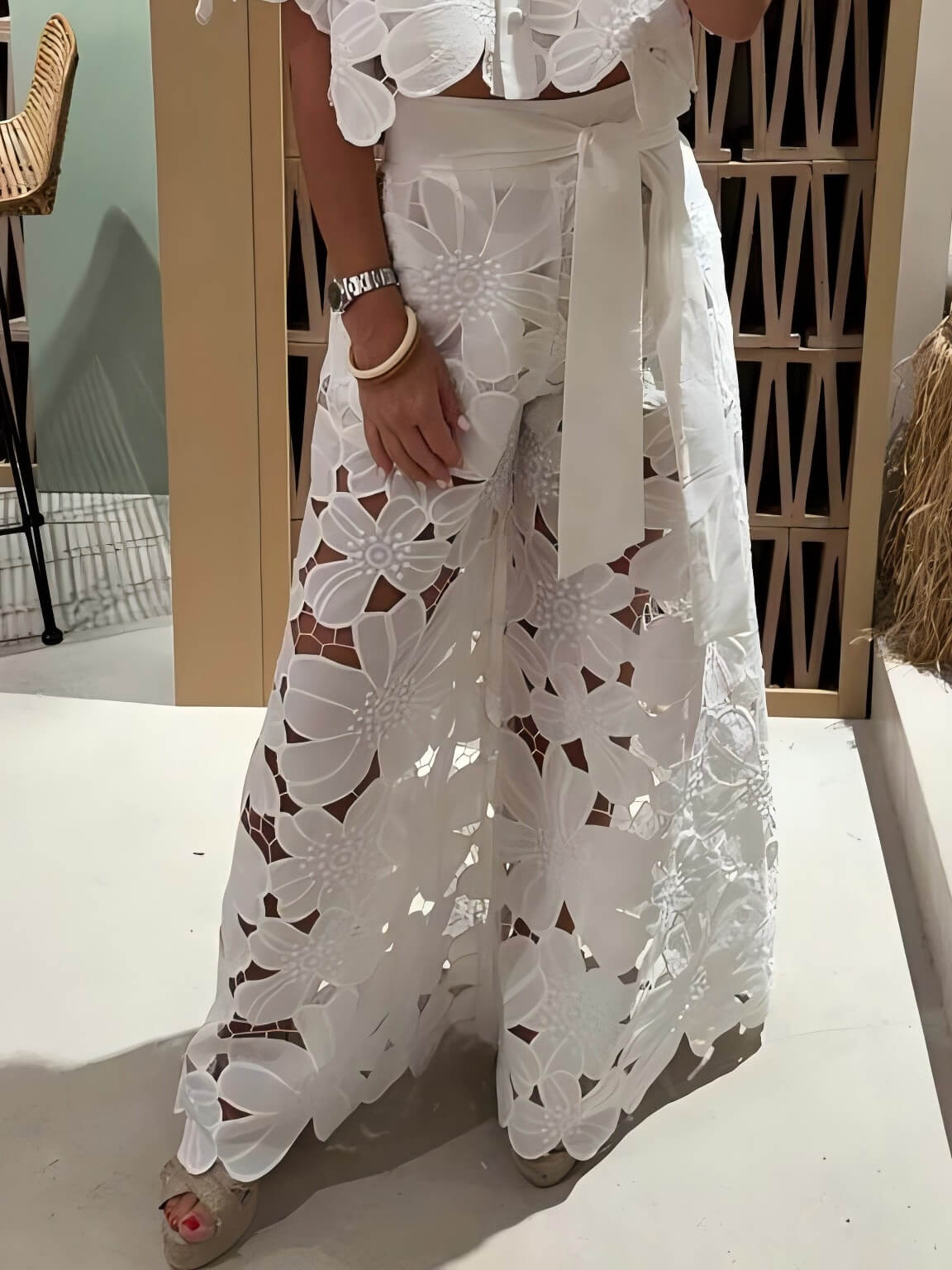 Exquisite Embroidered Hollow Lace Wide-leg Pants