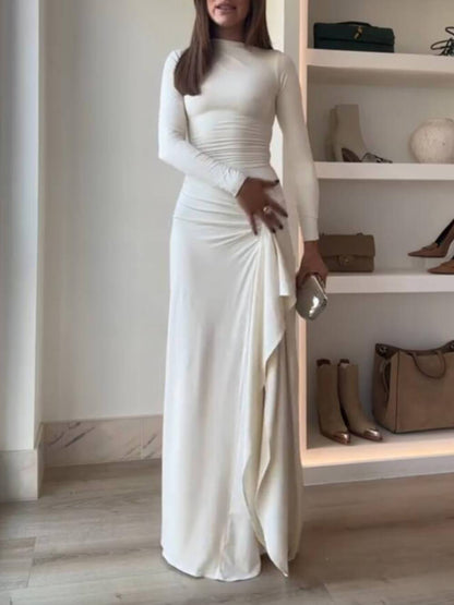 Ruched Side Slit Drape Ruffles Back Lace-up Stretch Maxi Dress