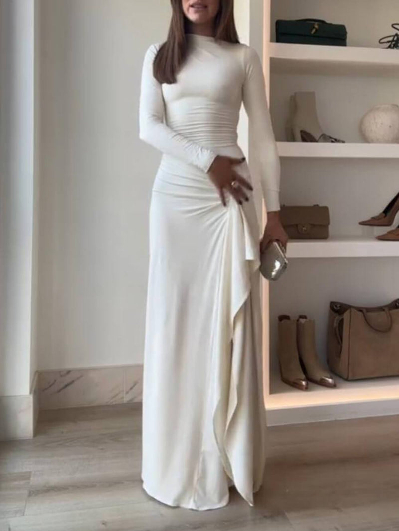 Ruched Side Slit Drape Ruffles Back Lace-up Stretch Maxi Dress