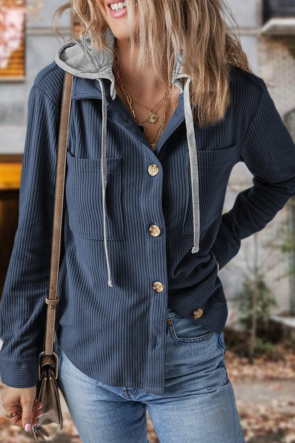Lapel Button Cardigan Pocket Hood Drawstring Striped Jacket