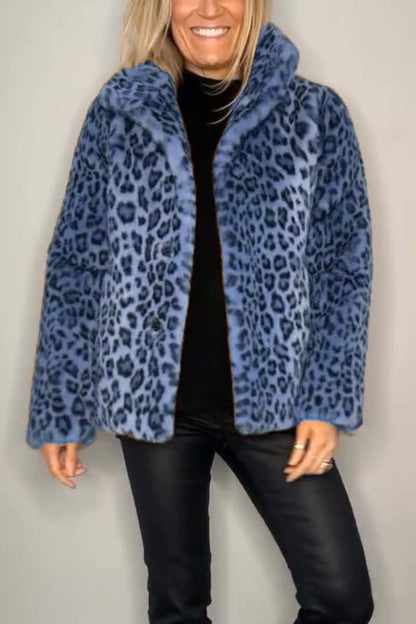 Fashionable Leopard Print Lapel Faux Fur Winter Short Coat