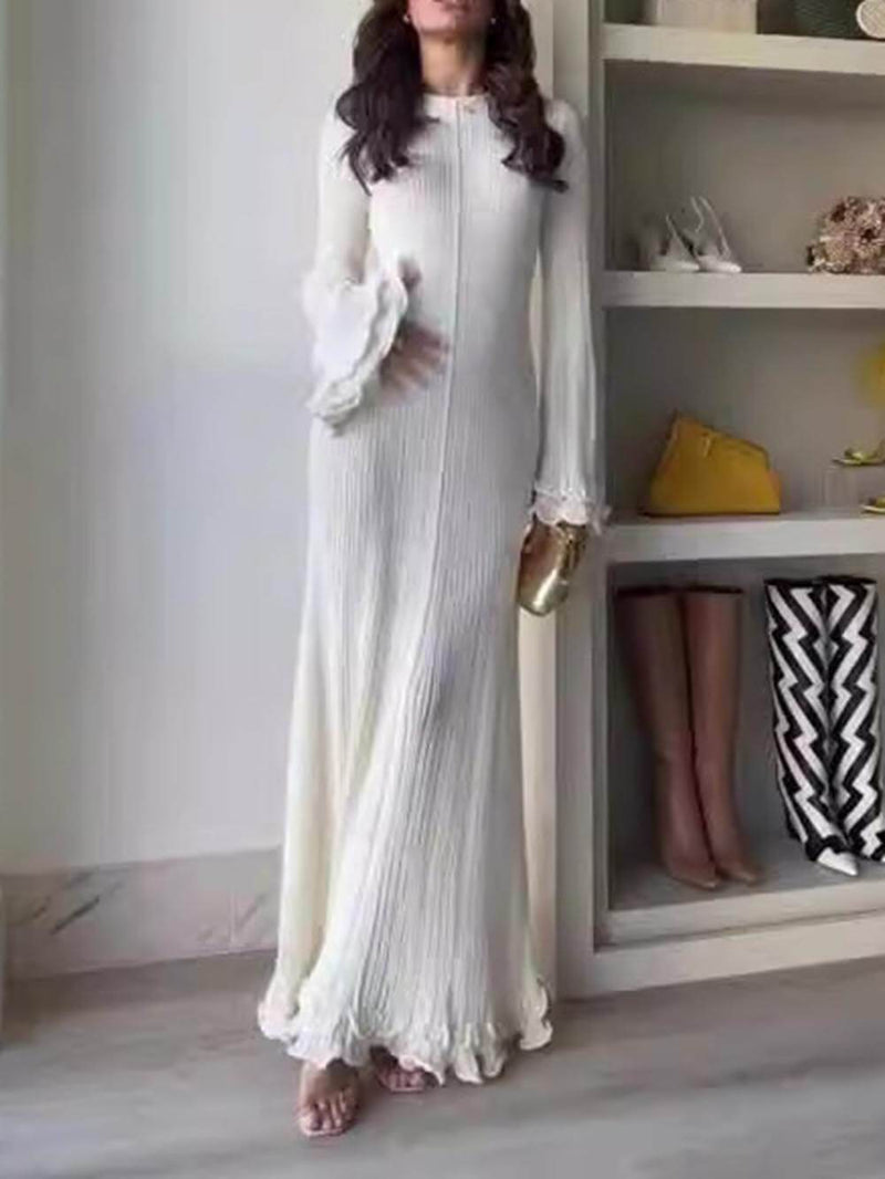 Trumpet Sleeves Rolled Hem Knitted Round Neck Maxi Dress