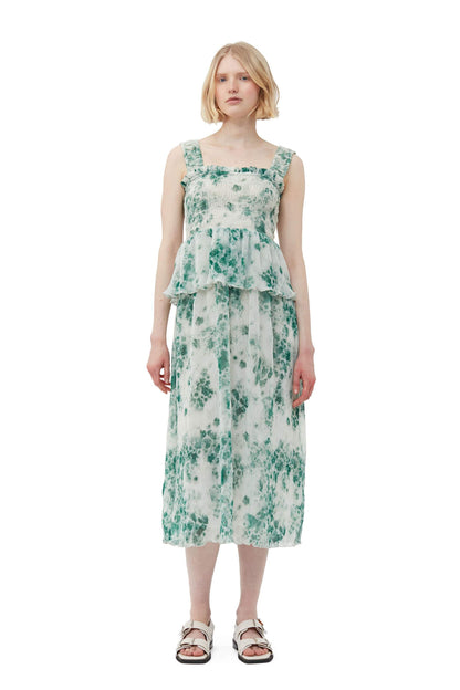 Printed Cami Square Collar Ruffle Hem Smocked Elastic Midi Dress