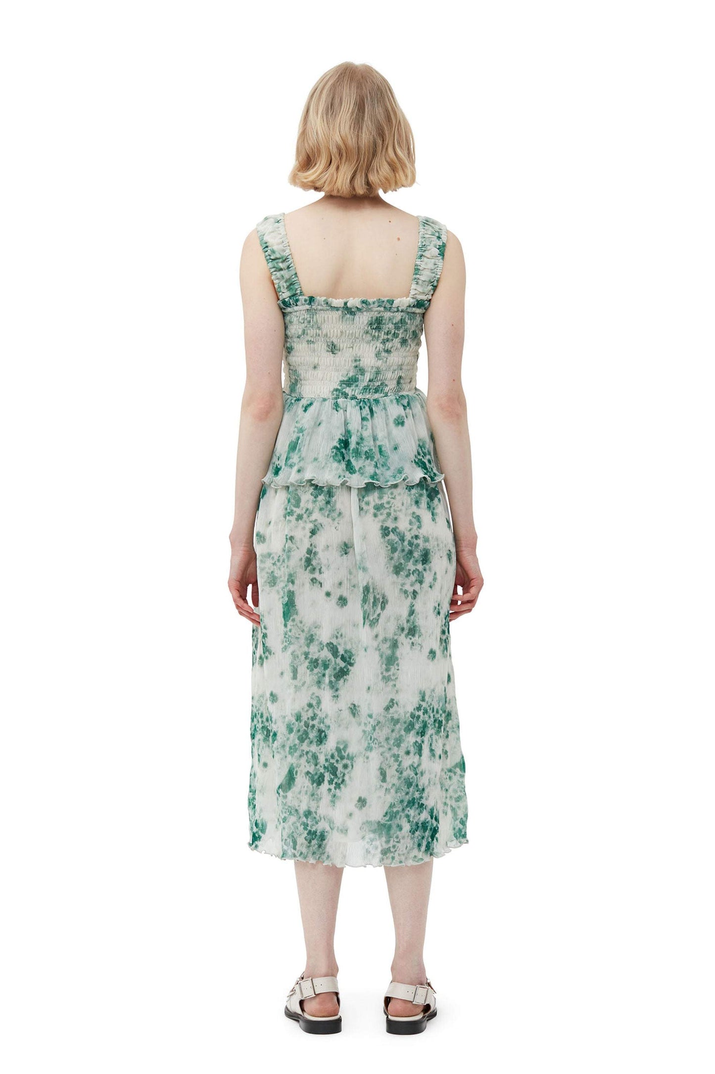 Printed Cami Square Collar Ruffle Hem Smocked Elastic Midi Dress