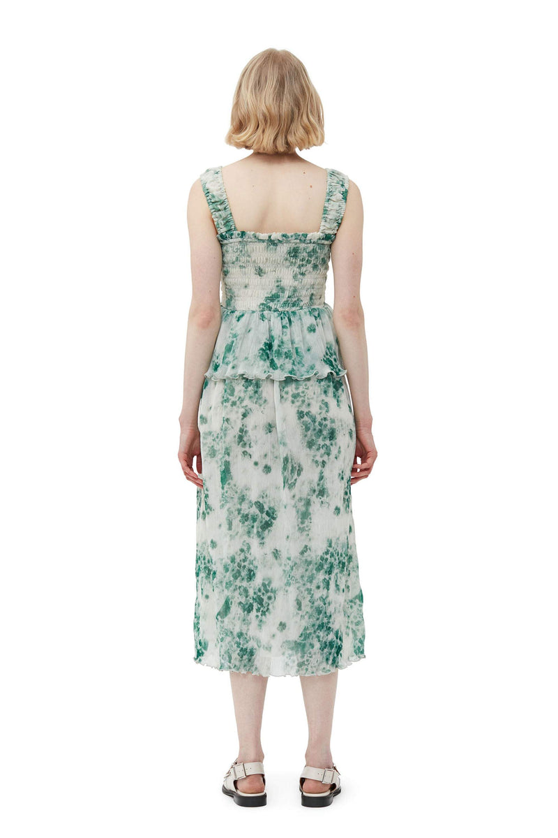 Printed Cami Square Collar Ruffle Hem Smocked Elastic Midi Dress