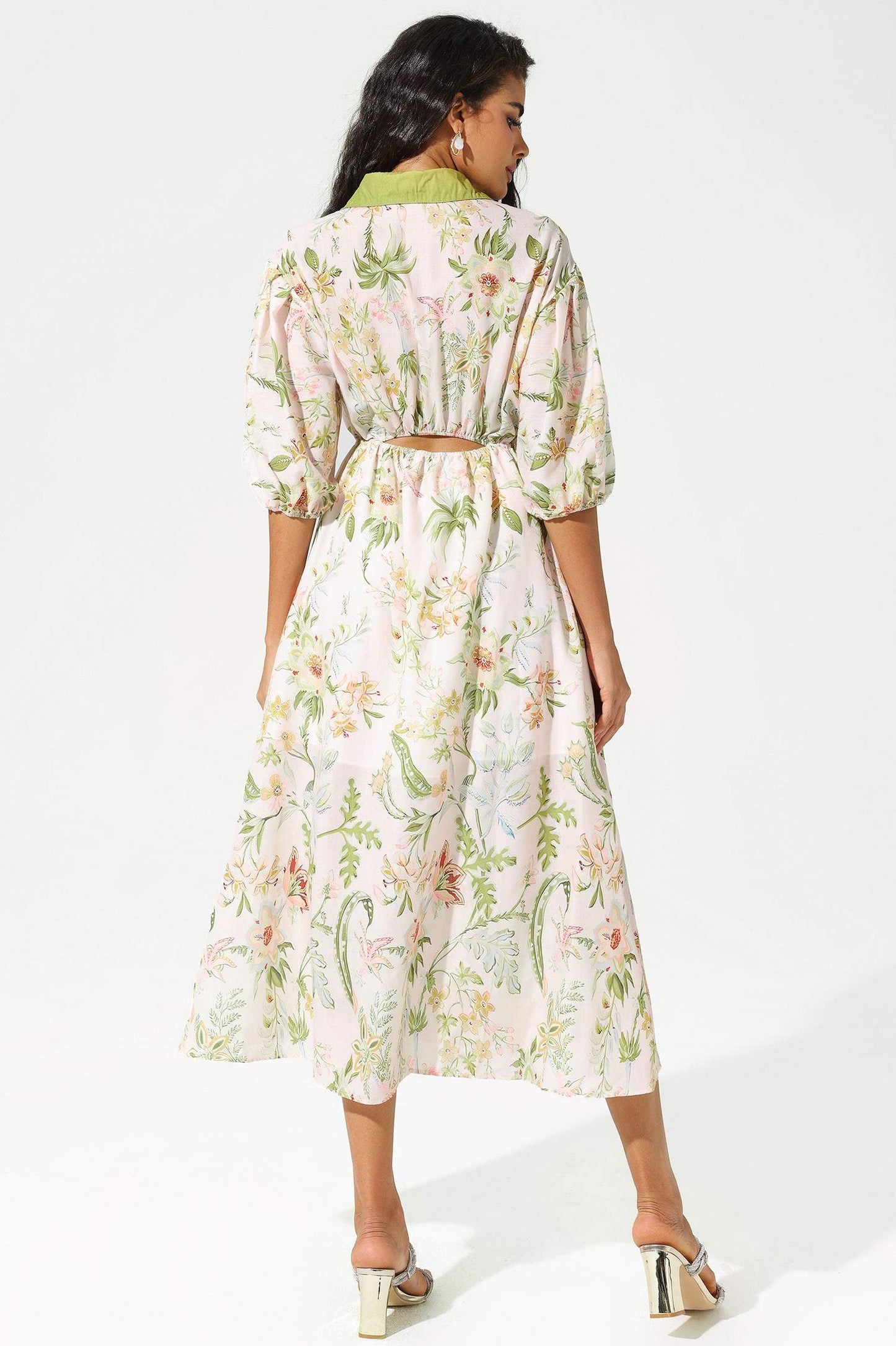 Mid Sleeve Lapel Lace Up Midi Dress