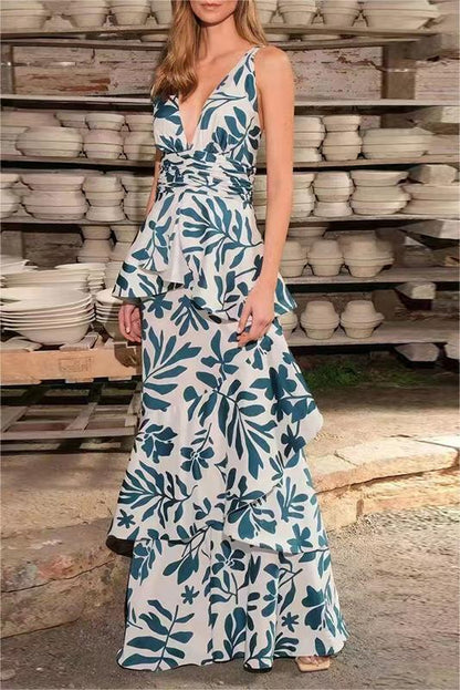 V-neck Cami Printed Ruffle Hem Maxi Dress
