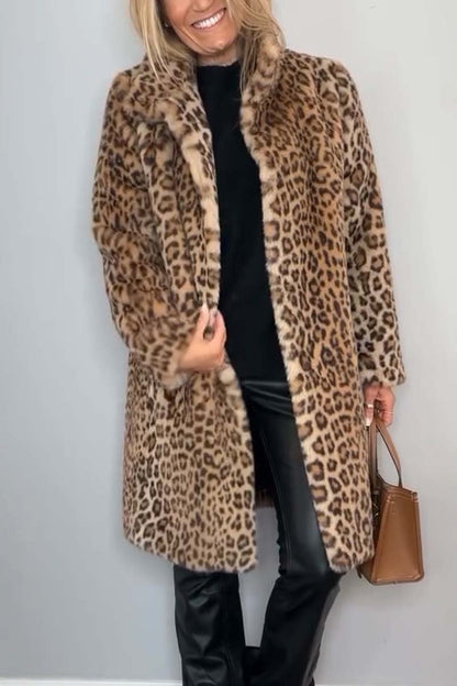 Fashionable Leopard Lapel Faux Fur Winter Mid-length Coat