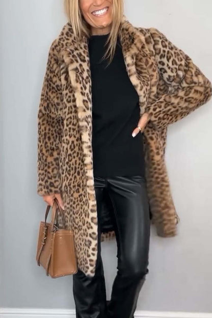 Fashionable Leopard Lapel Faux Fur Winter Mid-length Coat