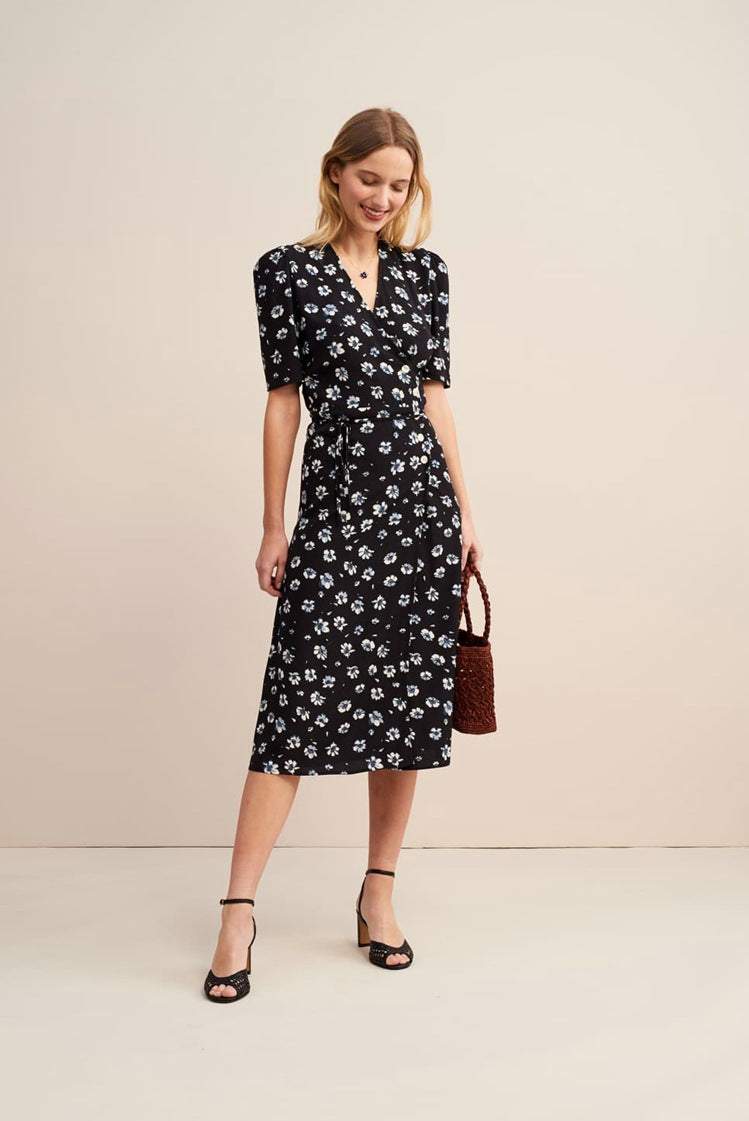 Silk Short Sleeve V-neck Print Midi Dress