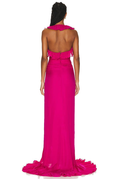 V-neck Sleeveless Backless Slit Ruffle Hem Maxi Dress