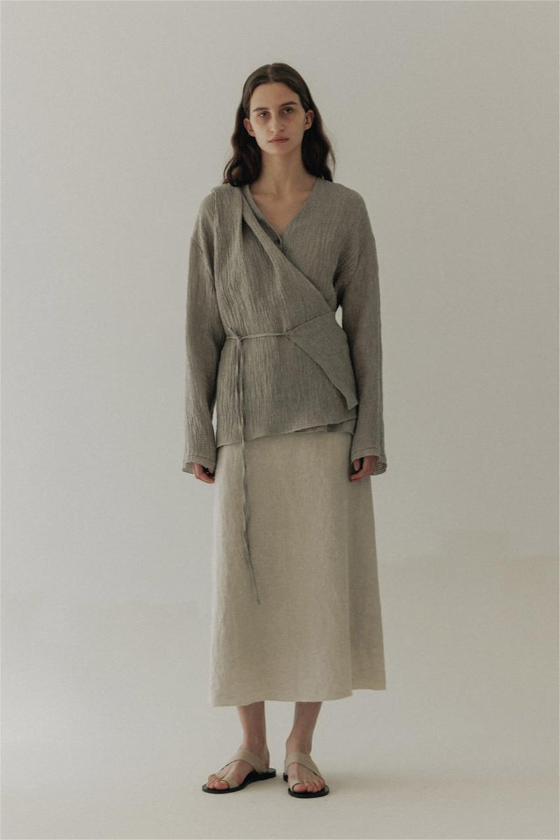 Wrapover A-button Cardigan Linen Shirt Grey