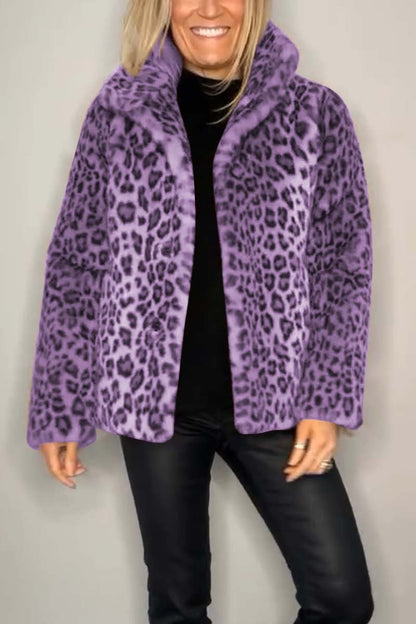 Fashionable Leopard Print Lapel Faux Fur Winter Short Coat