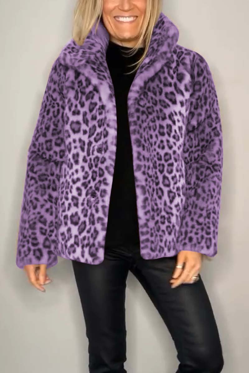 Fashionable Leopard Print Lapel Faux Fur Winter Short Coat