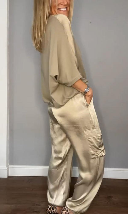 Smooth Satin Half-sleeved Top and Pant Suit Two-piece