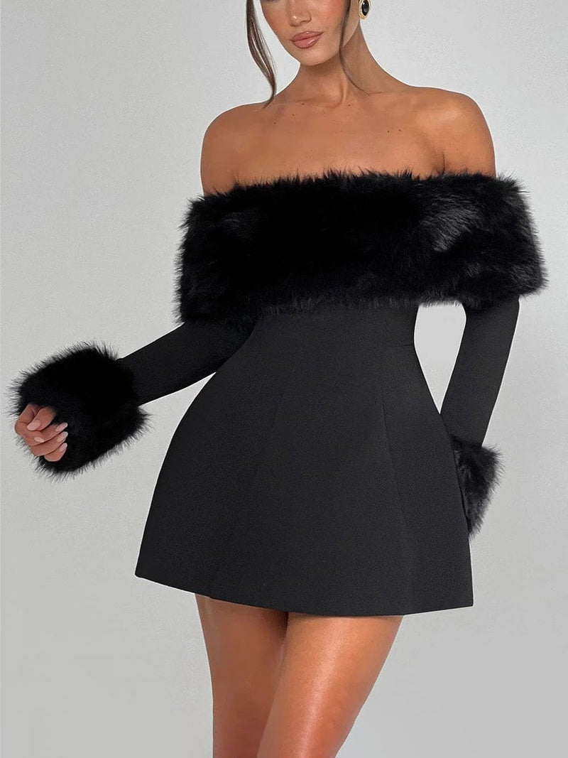 Playful Faux Fur Neckline A-line Mini Dress