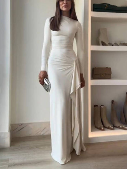 Ruched Side Slit Drape Ruffles Back Lace-up Stretch Maxi Dress