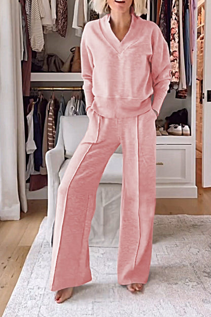 Color V-neck Top & Pants Two-piece Set