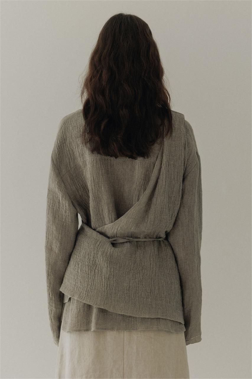 Wrapover A-button Cardigan Linen Shirt Grey