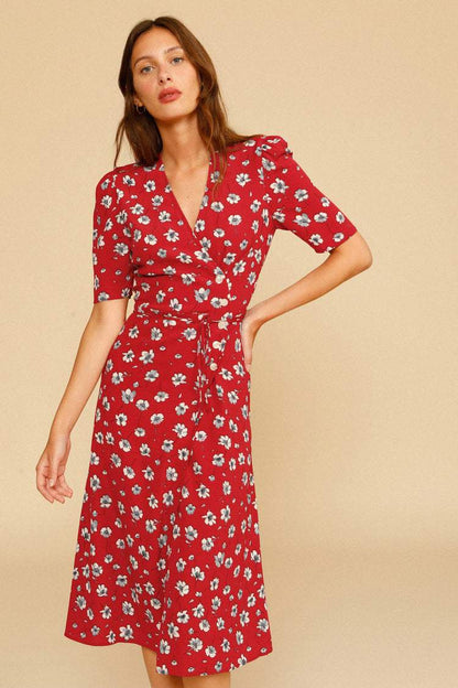 Silk Short Sleeve V-neck Print Midi Dress