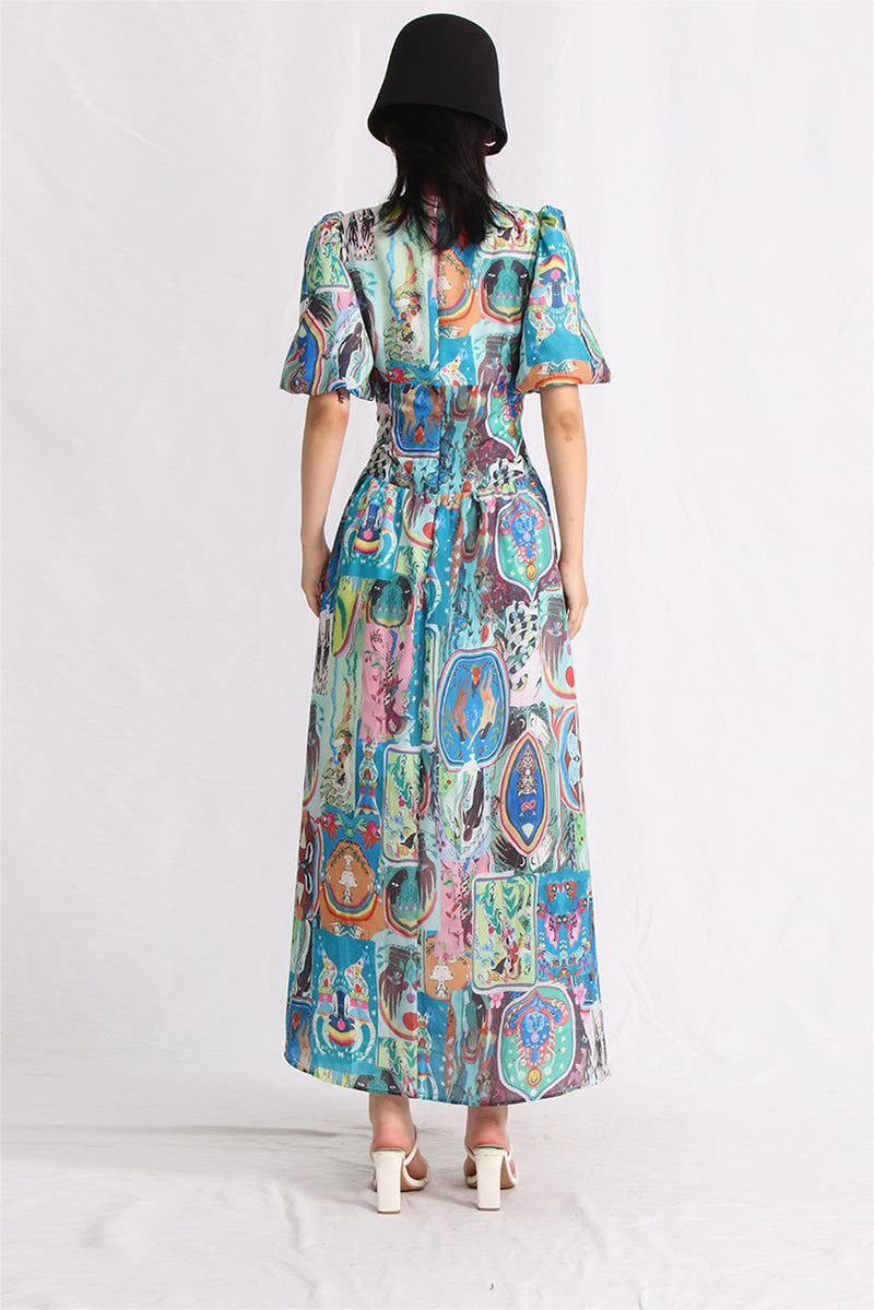 Printed Puff Sleeve V-neck Buckle Maxi Dress